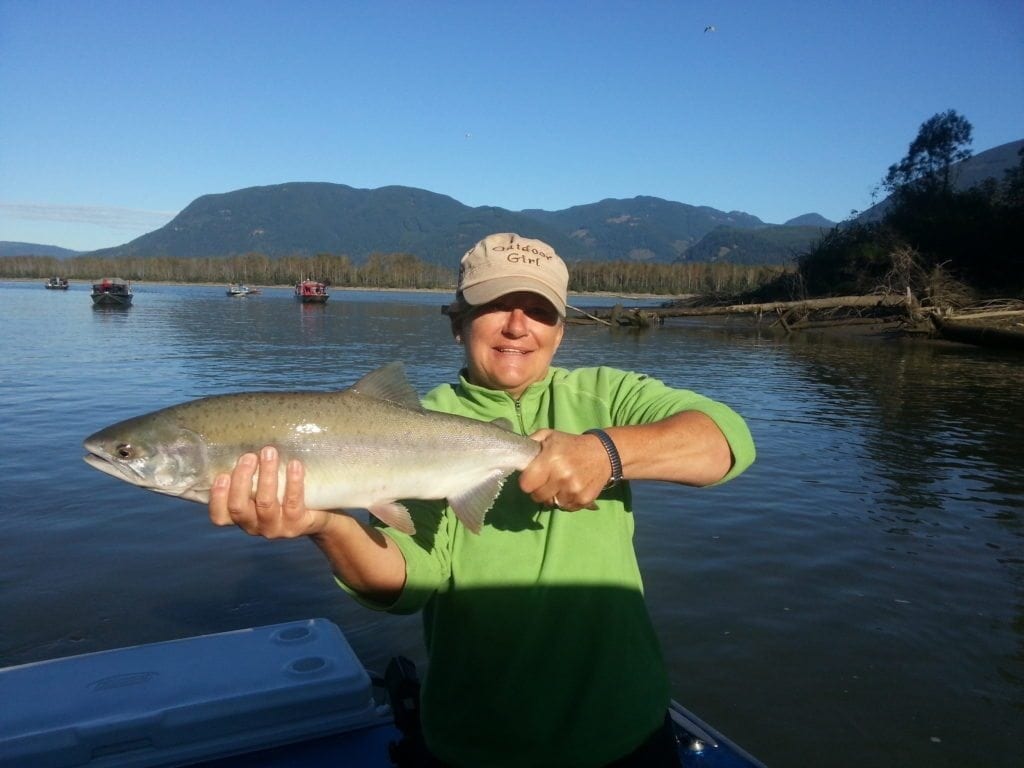Woman holding up Pink Salmon caught on the Vedder River in Chilliwack British Columbia